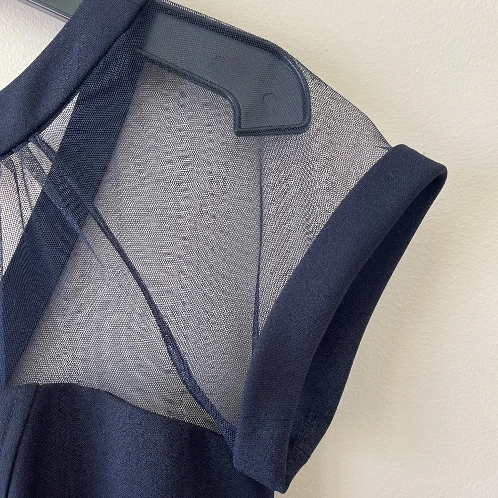 MAGGY LONDON Illusion Yoke Crepe Cocktail Dress in Navy 6 Petite - Picture 7 of 10